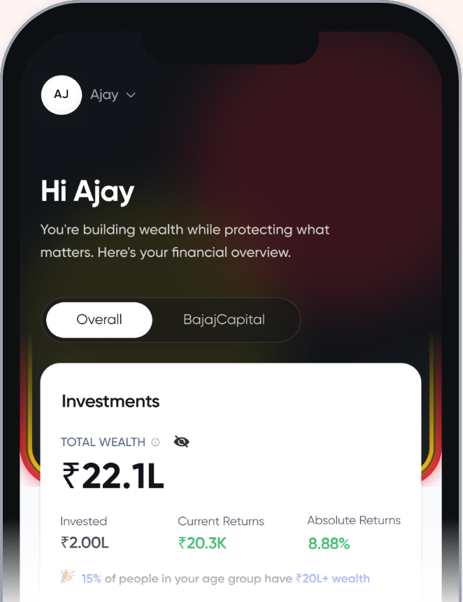One app home screen showing total wealth of ₹22.1L