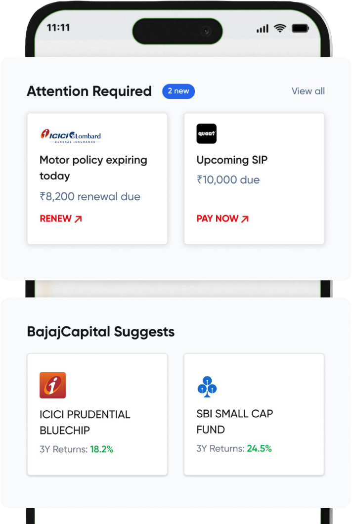 Home screen with Attention Required and BajajCapital Suggests widgets